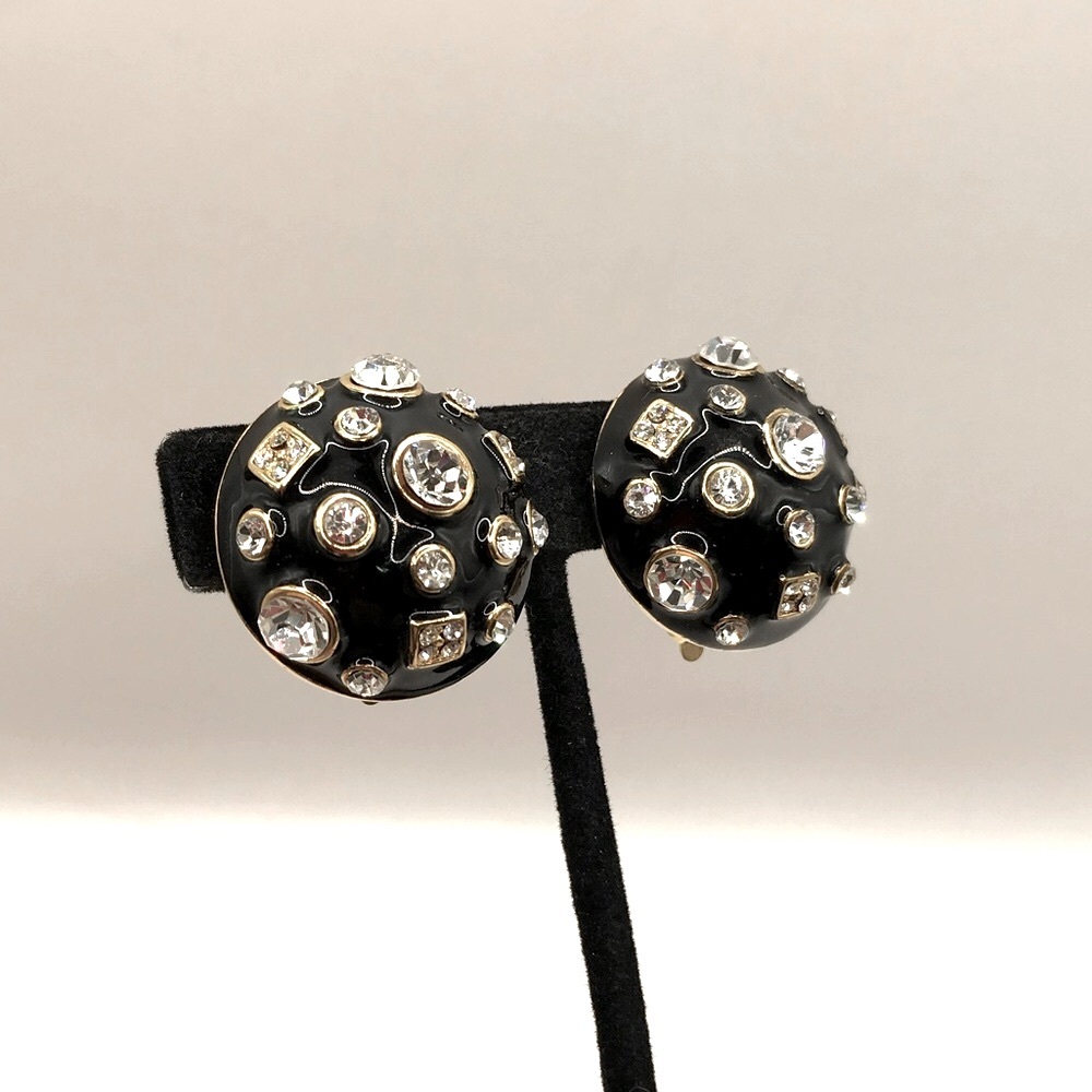 Black Enamel & Rhinestones Dome Clip On Earrings